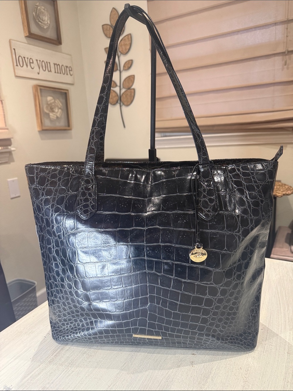 Brahmin XL Black Croc-Embossed Leather Tote with Gold Charm